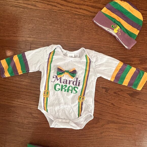 Baby Boy Mardi Gras Set Long Sleeve Bow Bodysuit Pants Hat Size 3-6 Months - Picture 6 of 13